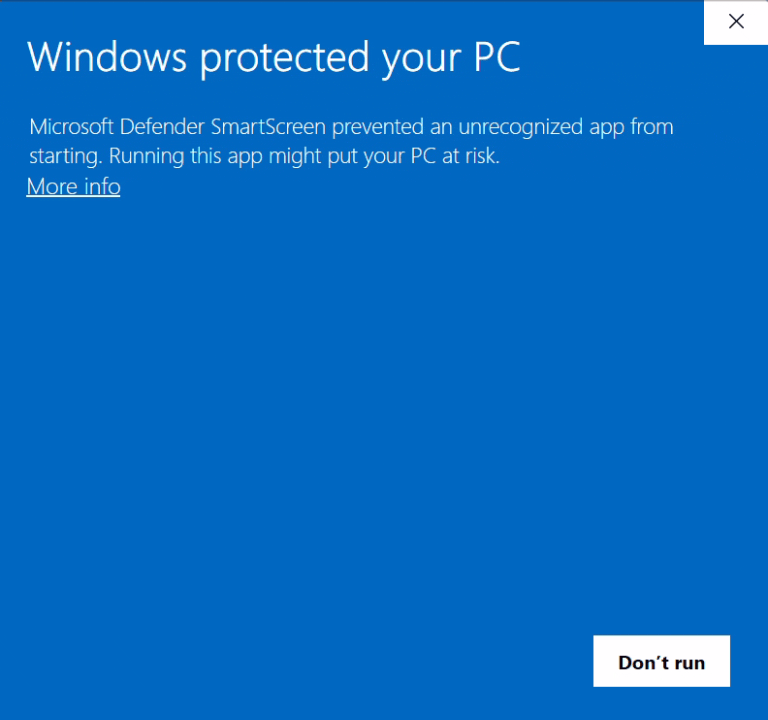 Windows SmartScreen walkthrough: click 'More info' then 'Run anyway'